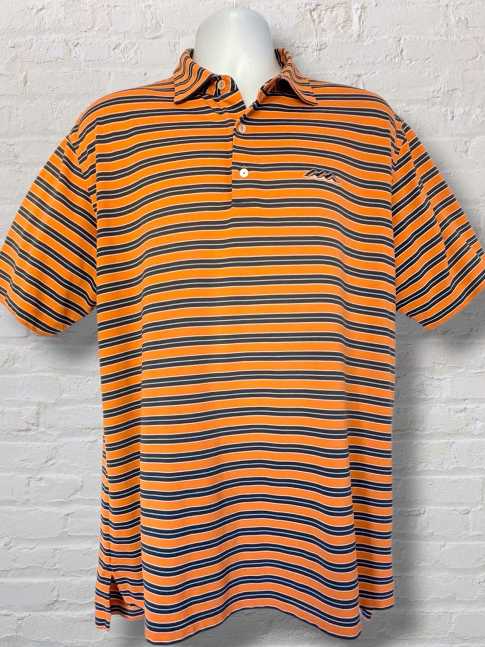 Peter Millar Summer Comfort Polo Mens L Orange Navy Stripe Golf Short Sleeve
